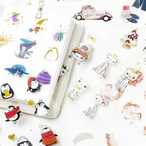 1 Sheet Golden Glitter Lovely Cat Penguin Diary Handbook Decorative Sticker