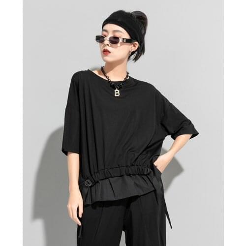 2021 summer new fashion brand personalized stitching elastic band Ruffle T-shirt dark wind loose short sleeve top
