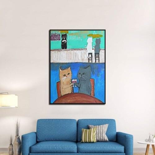 Abstract Funny Cartoon Cat Drinks In The Bar Canvas Painting Wall Art Picture Posters Print Wallpaper Living Room Decoration