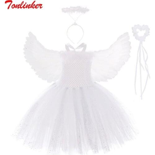 Children Halloween Tutu Dress Girls White Sparkle Angel Costumes Feather With Wings And Fairy Wands Set Party Cosplay Costume