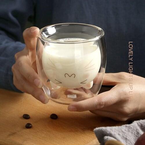 Juce Cup Double Layer Glass Cute Cat Mug Transparent For Juice Coffee Custom Gifts Durable High Quality Pretty Style 2 Pcs Cups