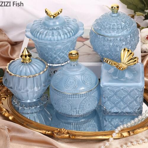 European Blue Crystal Glass Candy Jar with Lid Household Storage Jewelry Jar Aroma Candle Holder Container Gift Home Decoration