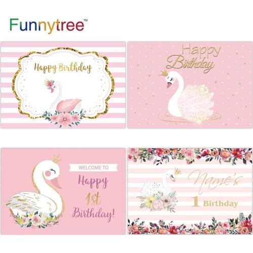 Funnytree Swan Pink Background Happy Birthday Baby Shower Newborn Welcome Party Backdrops Photo Booth for Baby Photocall Decor