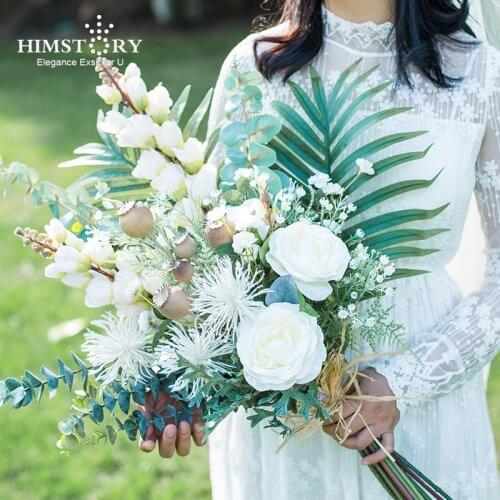 HIMSTORY Fresh Nordic style Wedding Bride Holding Flowers High Simulation Silk Flowers Forest Flower Bouquet