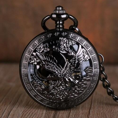 5pc/lot Black Eagle Hollow Mechanical Pocket Watch Roman Number Skeleton Dial Hand-wind Fob Wach for men women