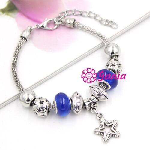 Fashion New Arrival European Bead Bracelet, Navy Blue Football Star Charms Bracelet for Sport Gift Jewelry Pulsera Bijoux