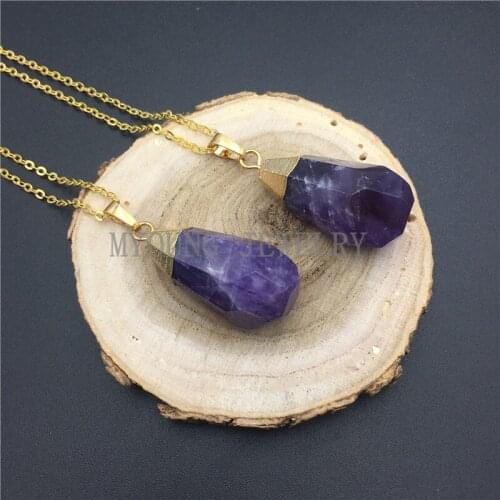 MY0923 Faceted Teardrop Amethysts Quartz Pendant Charm,Pear Shape Purple Crystal Pendant Necklace with Gold Color Cap And Chain