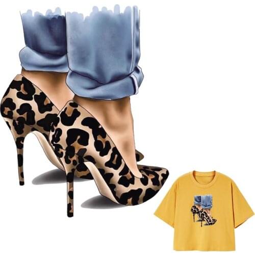 Leopard High Heels Iron-On Transfers Fashion Girl Patches Heat Print On T-Shirt Dresses Jeans Diy Washable Parches Garment