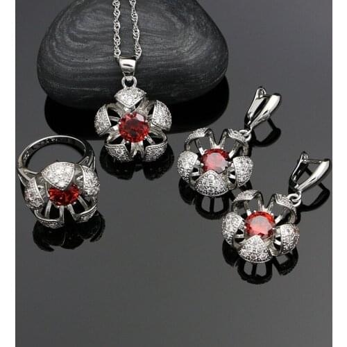Natural Red Cubic Zirconia White Crystal 925 Silver Jewelry Sets For Ladies Weeding Earrings Silver Flower Bride Necklace Set