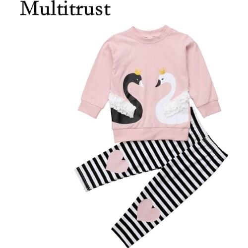 Citgeett Swan Baby Girls Outfit Top Pink T-shirt+Pants Striped Set Toddler Autumn Clothes Tracksuit Set
