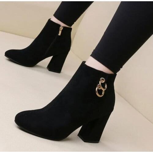 Autumn Winter Single Boots High Heel Boots Thick Heel Black Martin Boots 42Plus Extra Large Size Womens Plus Velvet Short Boots