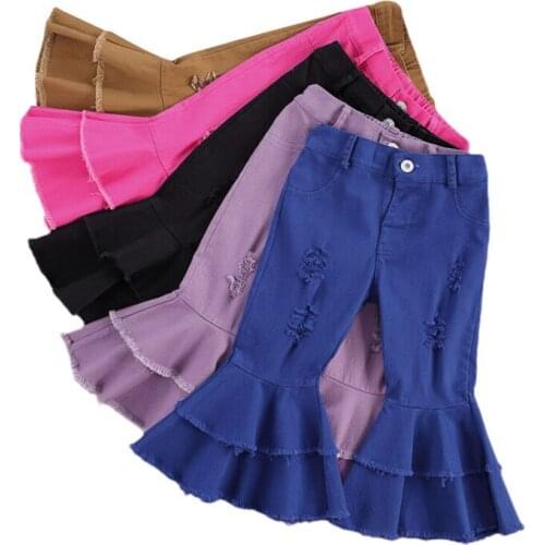 1-6 Years Children Girls Jeans Flared Pants Trousers Solid Color Ripped Double Layer Bell Bottoms Denim Pants