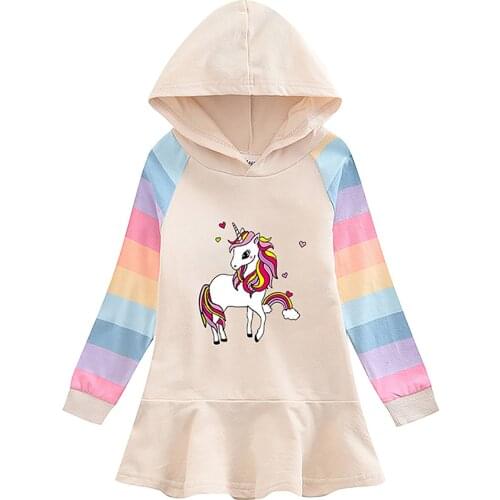 Oyolan New Cotton Kids Girls Cartoon Hoodies Dress Colorful Long Sleeve Childrens Girls Casual Dresses Baby Hooded Clothes