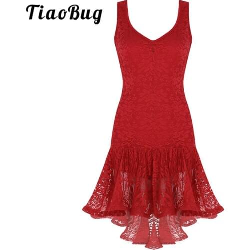 TiaoBug Women Latin Dance Dress Scoop Neck Ruffle Lace High Low Ballroom Samba Tango Salsa Dancewear Stage Performance Costume
