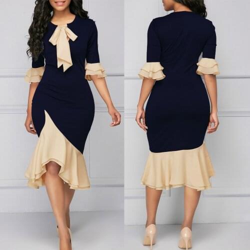 Fashionable formal tunic dress, elegant medium sleeve bow tie lace splicing tunic splicing dress suitable for cocktail party