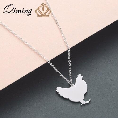 QIMING Funny Chicken Pendant Chain Necklace Kids Child Birthday Gift Lovely Animal Stainless Steel Hen Farm fashion Necklace
