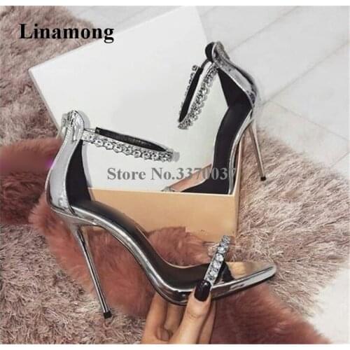 Women Luxurious Bling Bling One Strap Rhinestone Thin Heel Sandals Silver Black Back Zipper-up Crystal Diamond High Heel Sandals