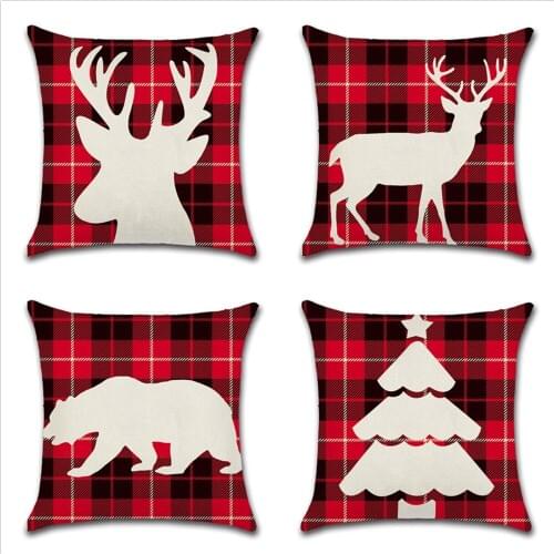 Christmas Pillowcase 45*45cm Lattice Deer Bear Pillow Cover Linen Pillow Cases Home Decor Cute Christmas Cushion Covers