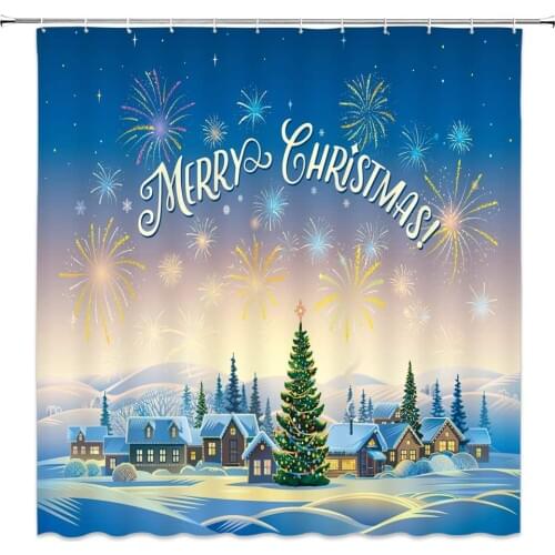 Merry Christmas Shower Curtains Cartoon Winter Town Snow Scene Family Gathering Party Bathroom Decor Supplies Curtain Set Cheap