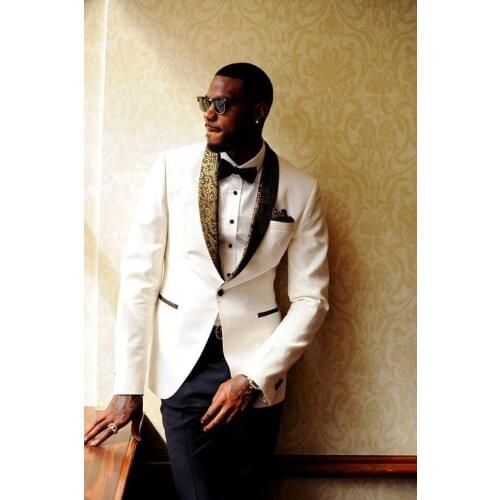 Latest Design Off White Slim Fit Groom Tuxedos Groomsmen Custom Made Shawl Collar Mens Wedding Suits Bridegroom Jacket+Pants+Bow