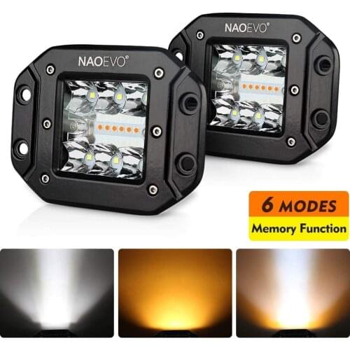NAOEVO 2 PCS 72W Flush Mount LED Work Light Bar Pods 5 Inch 12V 24V White Amber 6 Mode Fog Led Light for Auto Truck SUV Offroad