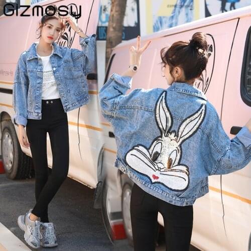 Gizmosy 2021 Women Embroidered Short Denim Jacket Cartoon Sequined Oversized Korean BF Jacket Bling Bling Loose Preppy Coat