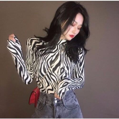 Women Spring Autumn T-Shirt New Korean Fashion Slim High Collar Leopard Long Sleeve Thin Solid Black Top Casual T-Shirt YM225