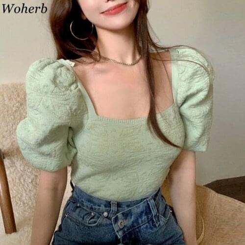 Woherb Square Collar Vintage Knitted T-shirt Women Korean Chic Floral Jacquard Puff Sleeve Summer Thin Knitwear Crop Top Tshirts