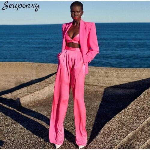 High Quality 2021 Autumn WomenS Satin 3-Piece Set Sexy Lapel Long Sleeve Suit Jacket + Bra + High Waist Flared Pants Loose Set