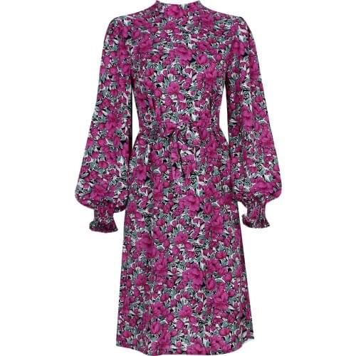 Celebrity Floral stand collar lantern long sleeve chiffon dress purple womens fashion fall knee-length zipper printed dress