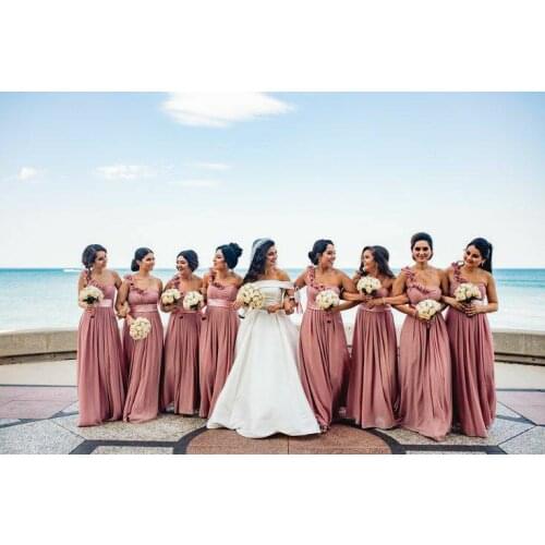 Elegant A-Line Long One Shoulder Dusty Rose Bridesmaid Dresses Custom Lace Up Chiffon Wedding Party Dresses for Women