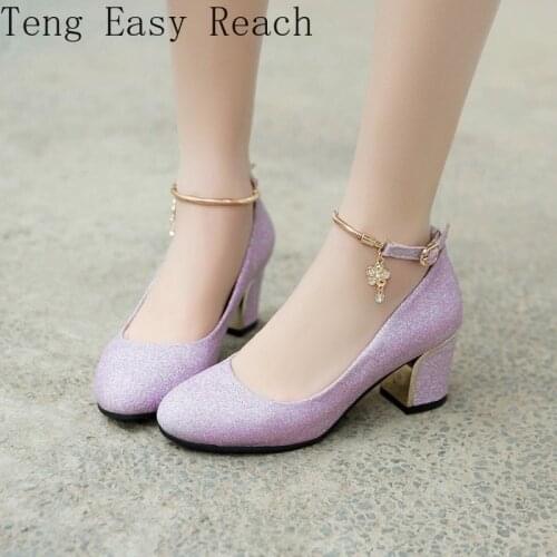 2021 Women Wedding High Heel Shoes Silver Blue Spring Ankle Strap Crystal Shallow Chunky Block Heel Pumps Lady Plus Size 41 43