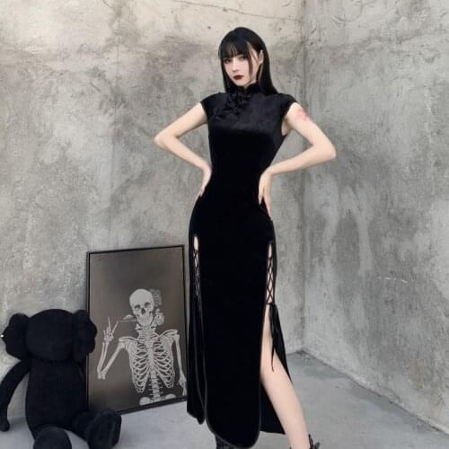 Velvet Gothic Women Dress Sexy Romantic Vintage Short Sleeve Dress Black Bandage Split Bodycon Evening Wear Long Cheongsam 2021