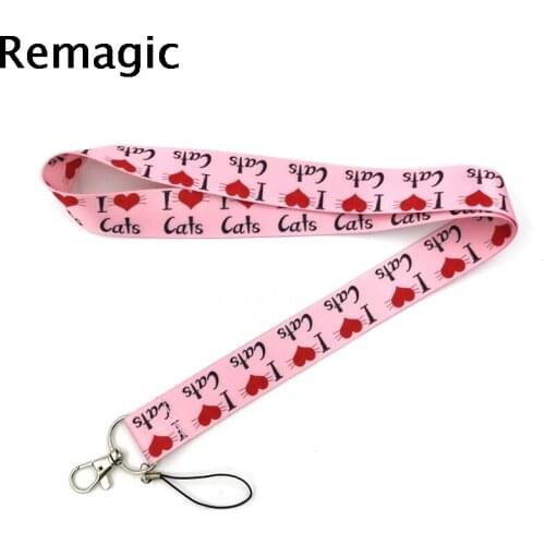 20pcs I love cat pink Neck Strap Lanyards ID badge card holder keychain Mobile Phone Strap Gift Ribbon webbing necklaces