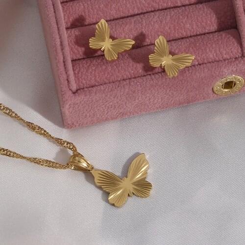 Delicate Strips Butterfly Pendant Modern Necklaces for Women Stainless Steel Chain 18k Gold Wedding Jewelry Ladies Stud Earrings