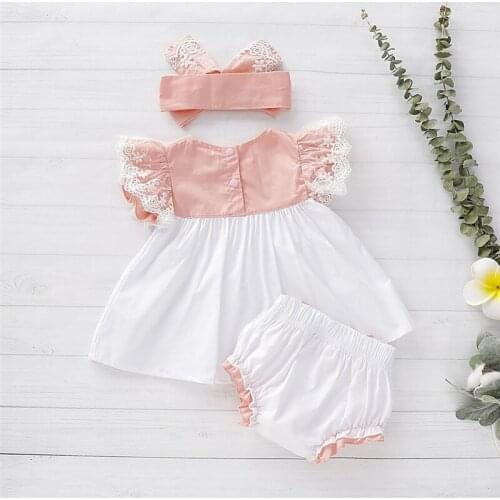 The latest Set Of Hot Girls' Clothing Summer Ins Style Baby Lotus Leaf Lace Top Dress Cute Lace Bow Shorts And Headband