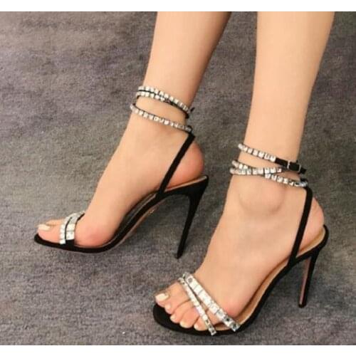 Moraima Snc Summer Newest Crystal Embellisehd High Heel Sandal Open Toe Ankle Strap Gladiator Shoes Rhinestones Wedding Shoes