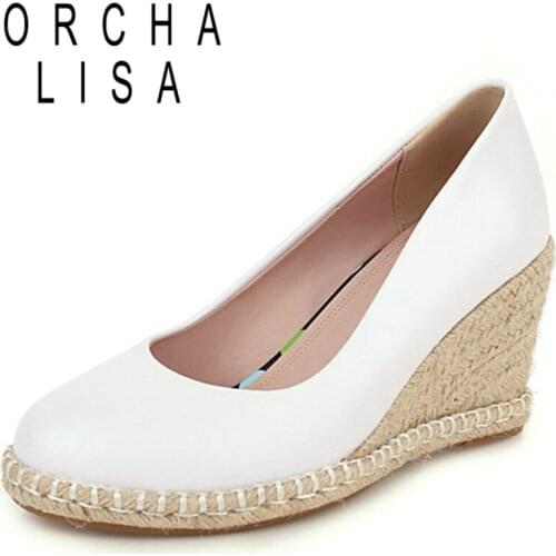 ORCHA LISA 2021 Spring Leisure Pumps PU Cover Heel Slip On Rattan Wedges Round Toe 7.5cm Size 30-44 Green Beige Black A4170
