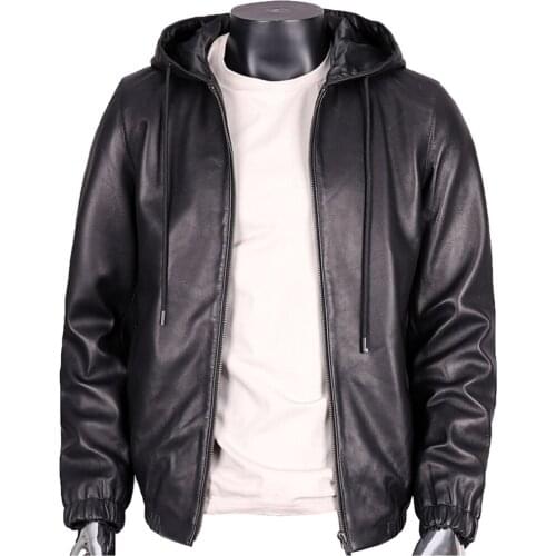 High Quality Mens Hooded Leather Coats Sheepskin Jackets Simple Fashion Natural Soft Genuine Leather Coat With Cap Streetwear