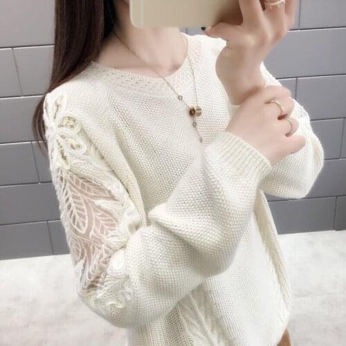 Spring And Autumn New Loose Sweater Womens Round Neck Lace Stitching Pure Color Pullover Short All-Match Knitwear Womens Top