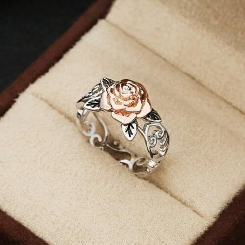 Rose Shaped Ring For Women Vintage Style Hollow Out Flowers Double Color Special Gifts Fashion Jewelry KAR227