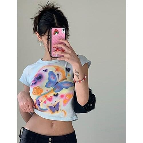 Vsstiar O Neck Casual Tees Shirts 2021 Summer Short Sleeve Sheath Women Outfits Streetwear Fashion Butterfly Print Crop Tops