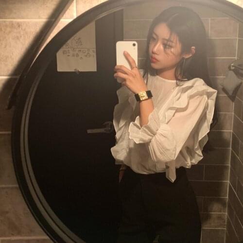 Womens Autumn Cotton Blouse Ladies Tops long sleeve Shirt with Belt Blusas Mujer Ruffle Haut Femme Vintage Bluzki Damskie