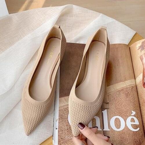 2021 New Women Pumps Spring Summer Stretchy Fabric Med Chunky Heels Shoes Slip On Sexy Pointed Toe Work Office Casual Daily Shoe