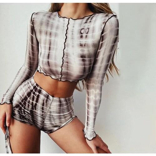 New tassel activity clother female vintage stripe print 2 piece set street full crop top shorts ruched set sport slim set