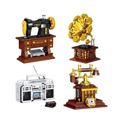 00936-00939 Building Blocks Model DIY Children Toys Boy Toys Creative Gifts Vintage sewing machine, gramophone, old phone