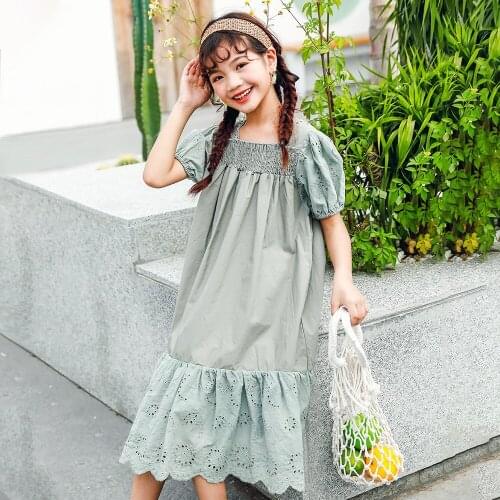 2021 Kids Dress Elegant Summer Dress for Girls Green Embroidery Short Sleeve Girl Clothes Square Collar Children Dresses 4-14Y
