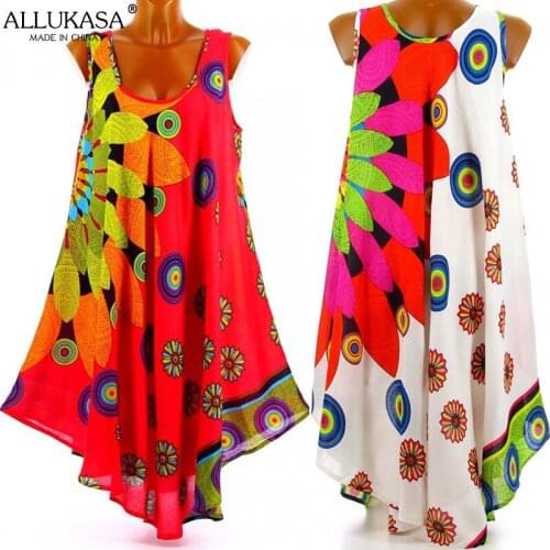 Allukasa Women Chiffon Dress Floral Print Boho Sleeveless Summer Round Neck Sundress Ladies Holiday Beach Loose Dress Plus Size