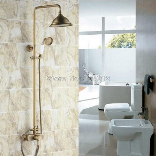 Bathroom Antique Brass Wall Mounted Rain Shower Faucet Set with Hand Spray Shower + Shower Head /Single Handle Mixer Taps Wrs172