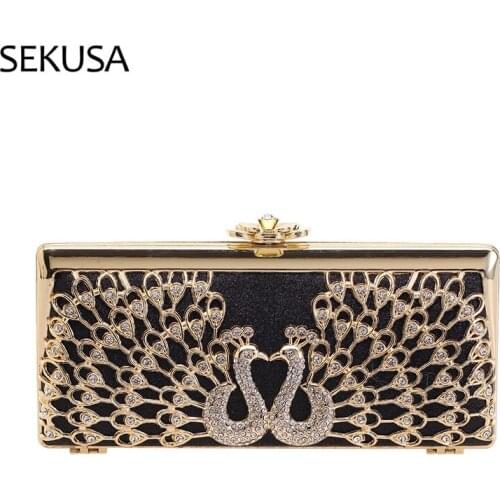 Hollow Out Style Women Day Clutch Metal Diamonds Animal Evening Bags Black Golden Rhinestones Handbags